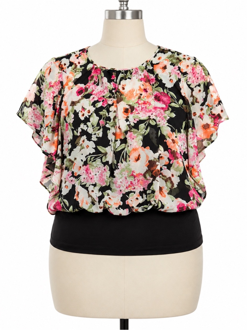 Faith and Joy Black Floral Flutter-Sleeve Blouse